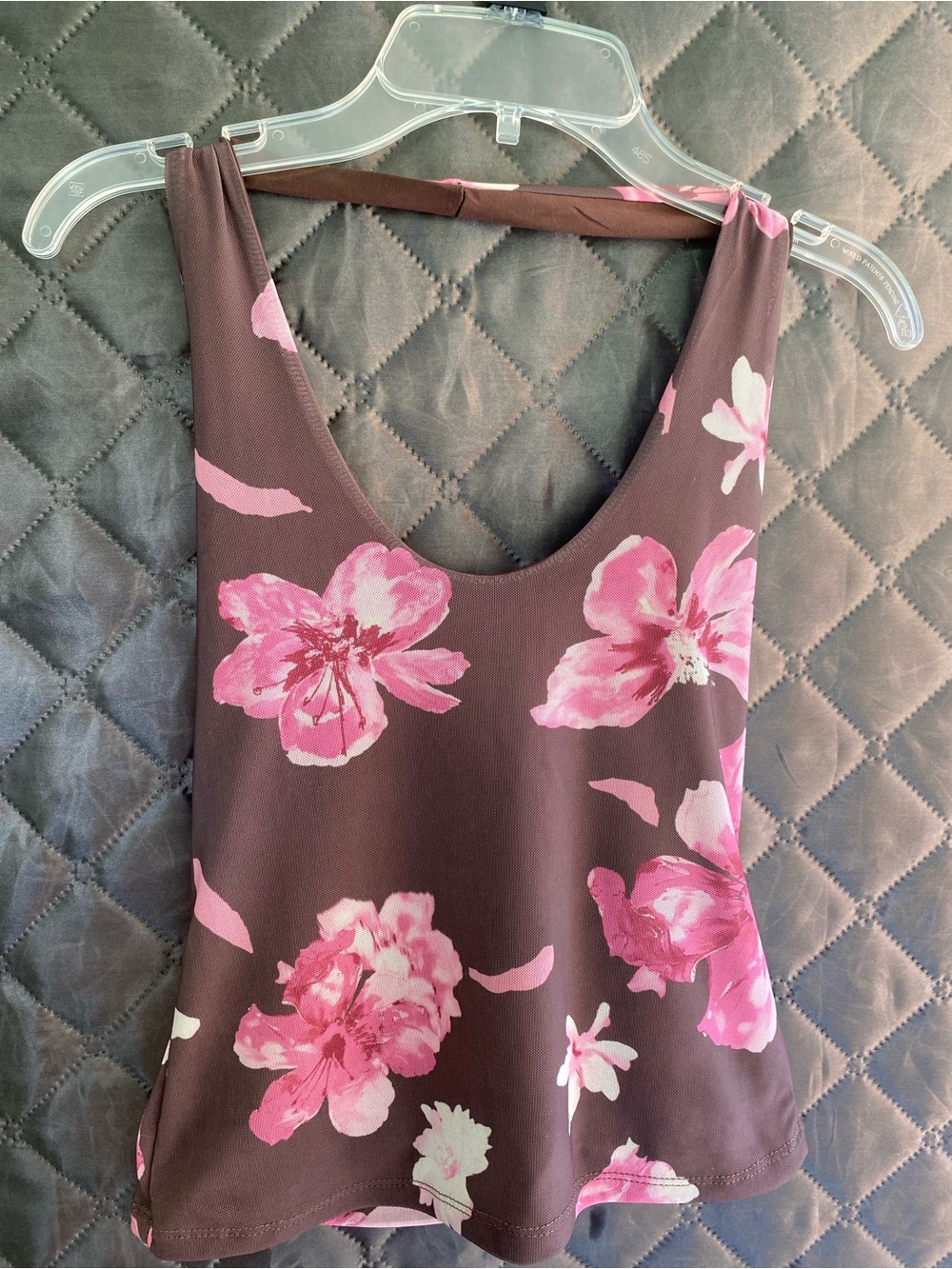 Women's Brown Slinky Floral Halter Top with Pink Blossom Print s